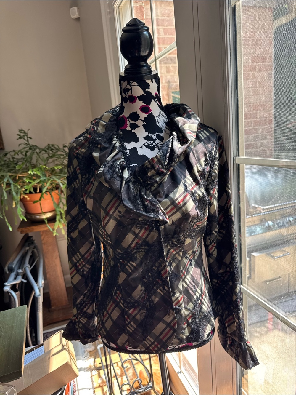 Samuel Dong Black and Cream Plaid Ruffle-Trim Blazer